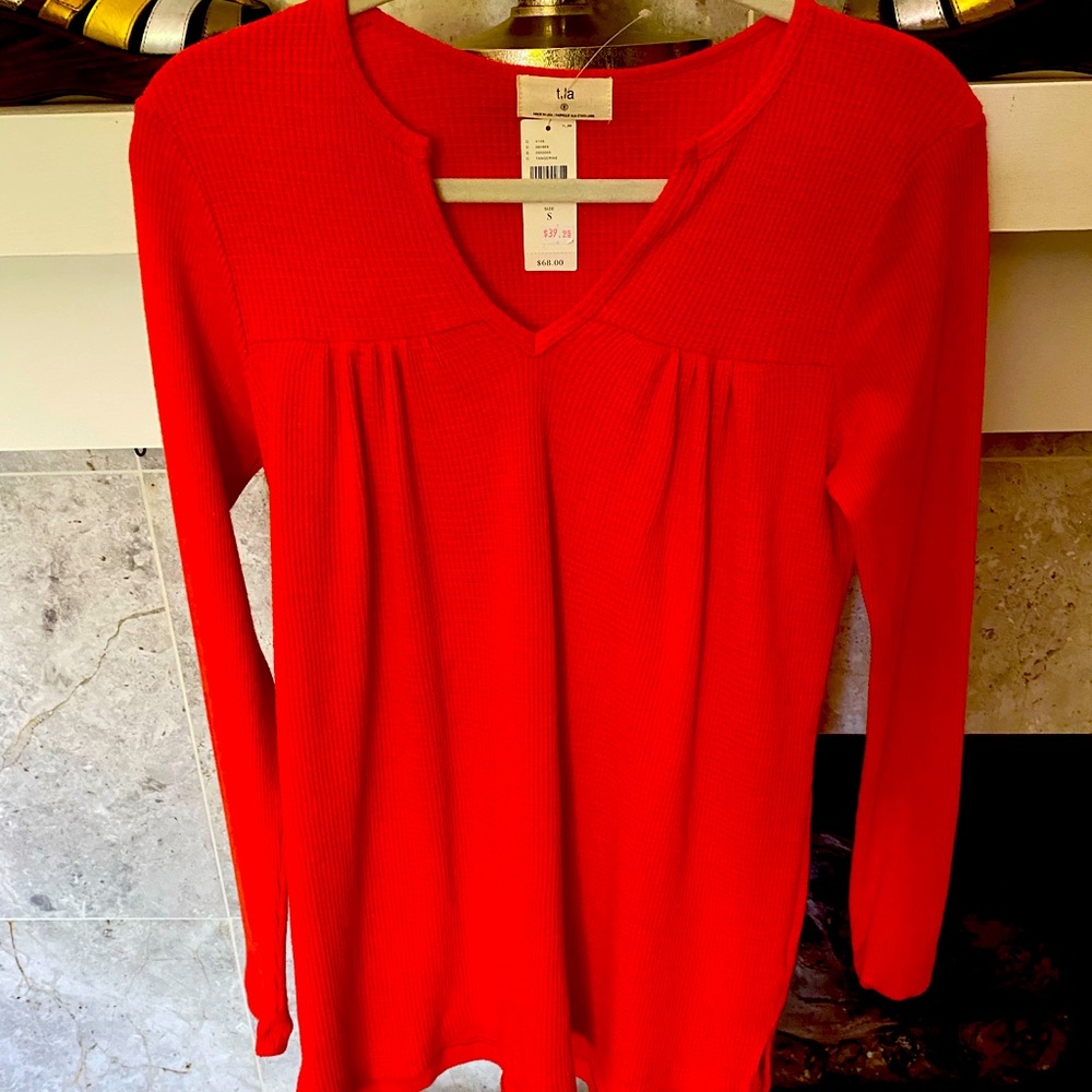 ANTHROPOLOGIE T LA Darling long knit high waisted top in waffle cotton weave SML